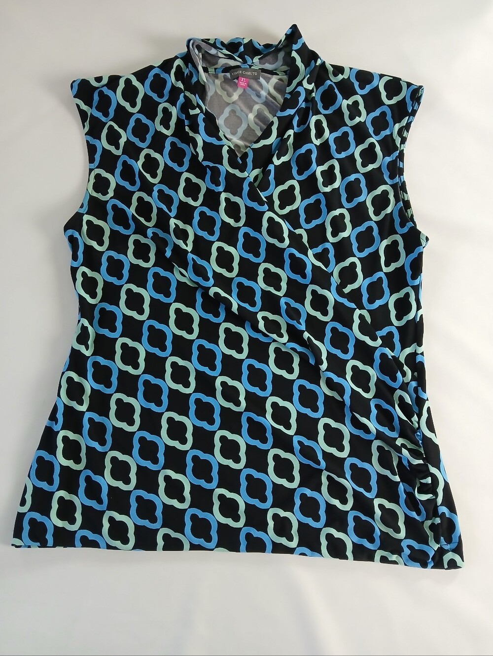 Vince Camuto Geometric Print Sleeveless Mock Neck Ruched Top